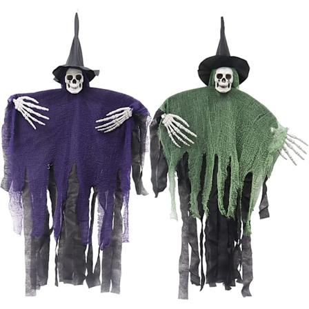 2 stk. Halloween Hængende Dødsengle Spøgelser, Stor Uhyggelig Halloween Rekvisit Kranium med Grøn Lilla Gaze Klud Bøjbare Arme