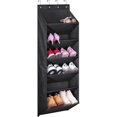 Skooppbevaring over dør med dype lommer, hengende skohylle, 6 hyller, skohylle for dører til skap og smale dører, skohenger, svart