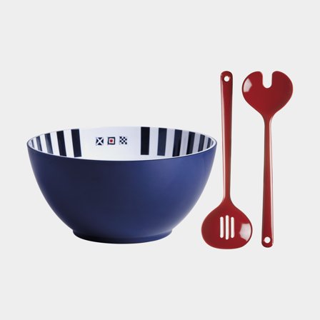 Ensaladera y cubiertos de ensalada de melamina Marine Business Venezia, blanco/rojo/azul, 25 cm
