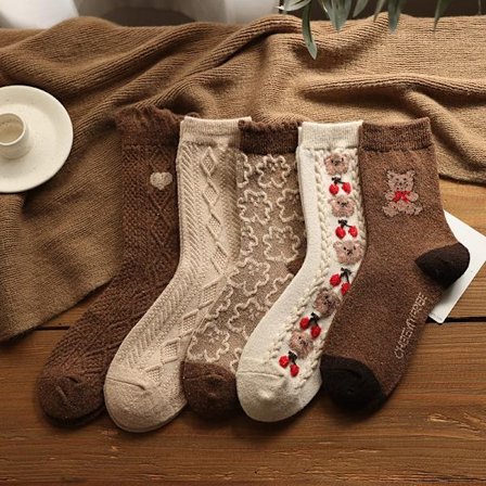 Dame Søte Høstsokker i Bomull, 5 Par Komfortable Plysjsokker, Retro Kunsttøfler, Preget Trykte Sokker