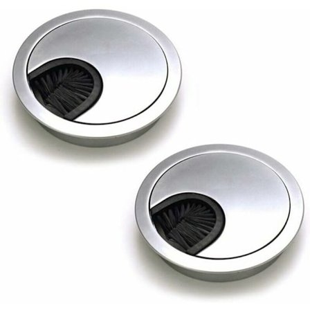 2 kpl pyöreää upotettavaa kaapelikanavaa, harjatun teräksen metallilankakanava, kaapelinsäilytys toimistopöydälle halkaisija 60 mm - hopeahelmi kromi