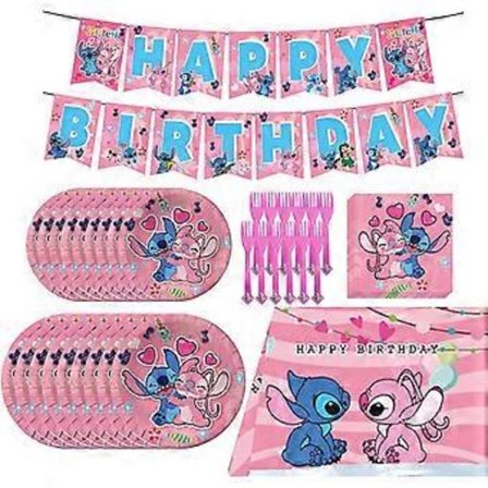 Rosa Lilo och Stitch Födelsedagsfesttillbehör Set, Rosa Tema Festdekorationer Favoriter inkluderar Grattis på Födelsedagen Banner, Bordsduk-FS-