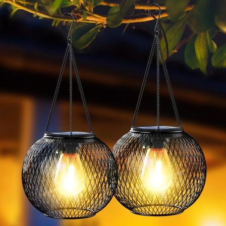 2 pakke Solar Lanterne Utendørs Hage, Utendørs Metal Solar Lamper IP65 Vanntett Varm Hvit Led Lantern Hengende Lanterne for Balkong, Hage