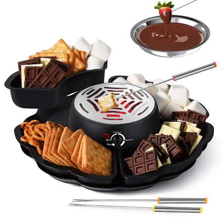2-i-1 Elektrisk S'mores Maskine & Fonduegryde, Bordplade Indendørs Smores Kit med 4 Ristegafler, 4 Aftagelige Bakker & 1 Temperaturstyret Varmelegeme