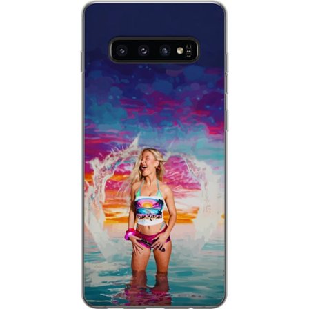 Kompatibel Mobilcover til Samsung Galaxy S10 Blond kvinde i farverigt strandtøj, der leger i havet ved solnedgang