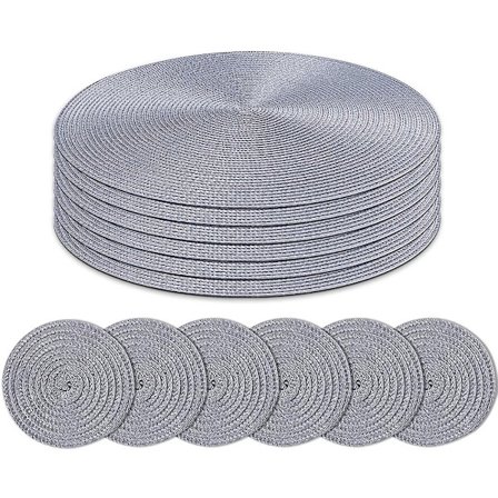 Runda bordsunderlägg och glasunderlägg set om 6 flätade vävda bordsunderlägg för matbord (grå)