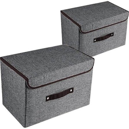 Sett med 2 store oppbevaringsbokser med lokk og håndtak, sammenleggbare oppbevaringskurver i lin, kubeformede kurver med avtakbar skillevegg for 