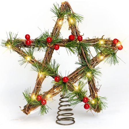 Vintage Julegran i Gammel Gårdstil med Røde Bær og Furuåler, 10 LED-lys, Batteridrevet, 25x28cm