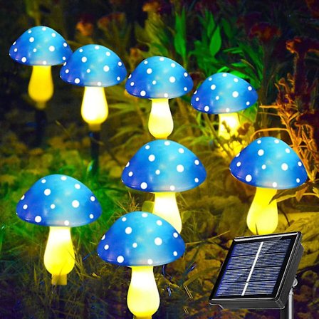 8-pack blå solcellslampor i form av svampar för trädgården, utomhus, 8 lägen, solcellslampor i form av svampar för trädgårdsdekoration, vattentäta 