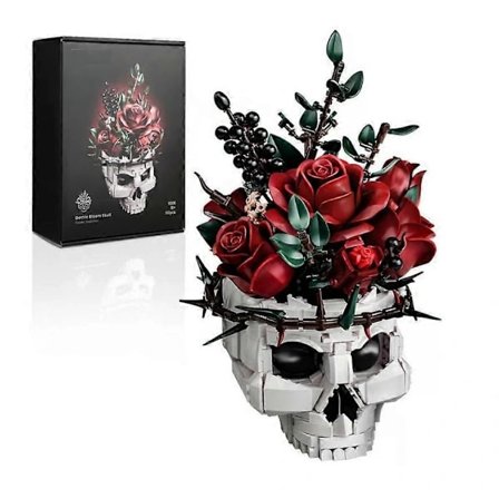 Byggsats för Skalle Ros Bukett - Halloween Gotisk Skräck Skelett Kruka Heminredning - Konstgjord Blomma Botanisk Kollektion Gåvor