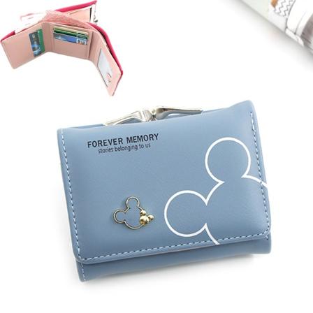 Blå lommebok med stor kapasitet, liten sammenleggbar skinnpung for kvinner