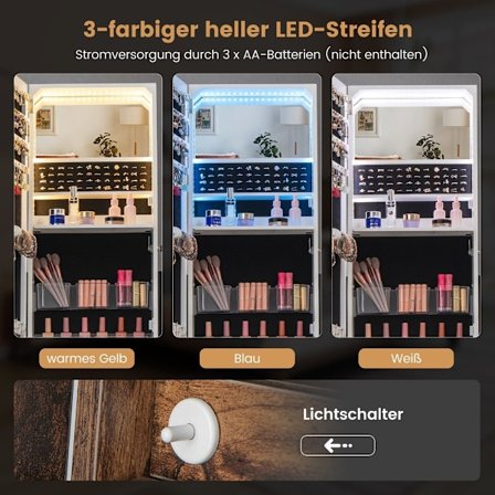 Smykkeskab med spejl Spejlskab låsbart med 3 farvede LED-lys 41 x 35 x 166 cm brun