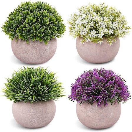4-pack konstgjorda miniplantor i kruka, konstgjorda topiarybuskar av plast, konstgjorda växter för dekoration av badrum, hem och kontor