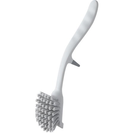 Harmaa reunalla oleva astianpesuharja, jossa on integroitu tiskialtaan tuki