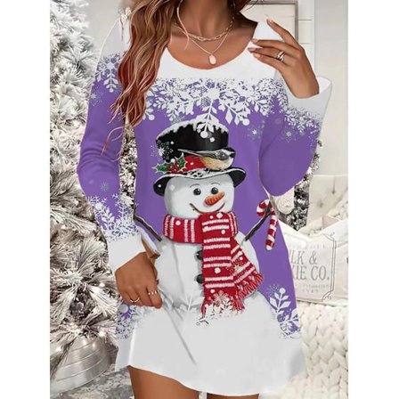 Julekjole for kvinner, avslappet, med snøfnugg- og juletreprint, lange ermer, rund hals, lett elastisk