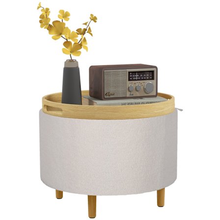 Ottomaani Jakkara Säilytystilalla, Pyöreä Ottomaani Taitettavalla Kannella, Puiset Jalat, Moderni, Olohuoneeseen, Makuuhuoneeseen, Valkoinen, Ø56 X 42