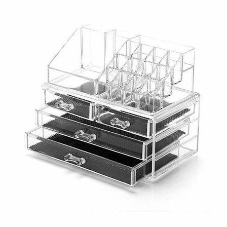 Slitesterk sminkeorganisator i design, klar akryl med avtakbart nettinginnlegg, elegant og jevn organisering, knusesikker, plassbesparende