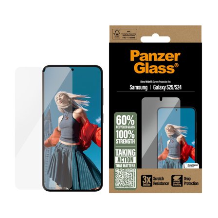 PanzerGlass Galaxy S25 Skjermbeskytter Ultra-Wide Fit, 3x bedre motstand mot riper, 60 % resirkulert plast