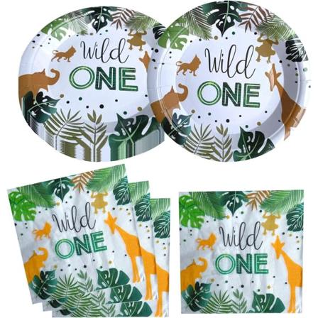 IC Wild One-fødselsdagsfesttilbehør, 20 tallerkener og 20 servietter, Jungle Wild One-tema fødselsdagsfestdekoration til drenge