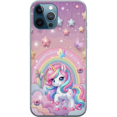 Kompatibelt Mobildeksel til Apple iPhone 12 Pro Magisk enhjørning med regnbue manke, stjerner og sommerfugler mot en pastellhimmel med skyer