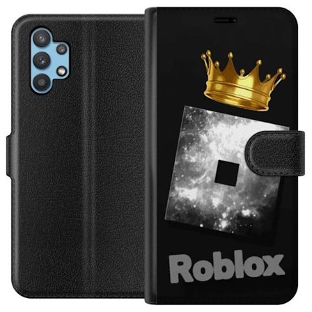 Kompatibel Tegnebogsetui til Samsung Samsung Galaxy A32 5G Minimalistisk sort og sølvfarvet Roblox-symbol med gylden krone og luksuriøs gamer-æstet