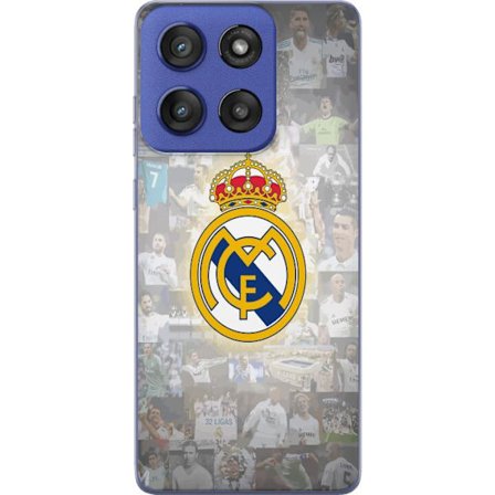 Kompatibelt Mobildeksel til Motorola Edge 60 Stylus Real Madrid-emblemet foran et kollasj av spillere og feiring av titler i hvit tone