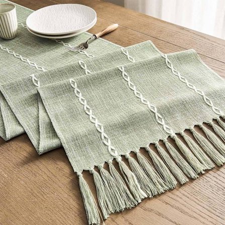 Table Runner, Bohemian Style Table Runner, 33 x 120 cm, Green, Polyester, Rustic Farmhouse Style