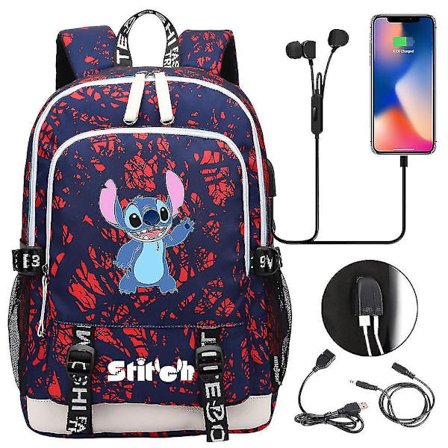 Stitch Reiseveske - Skole- og Laptop Ryggsekk Med Usb-Lading, Oxford Material - Lilo Og Stitch Tema Tenåringer Ryggsekk - Perfekt Bursdagsgave B