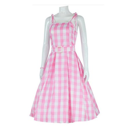 Halloween Women Barbie Movie Cosplay Costume Pink Gingham Slip Dress Party Midi Dresses Fancy Dress -a