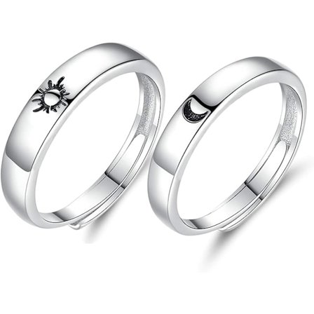1 Par Justerbare Par Ringe Sterling Sølv Runde Graverede Måne Sol Forlovelsesringe Sølv