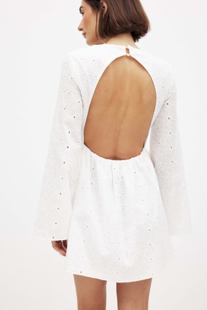 NA-KD Robe courte en broderie anglaise à manches trompette - Robe remise de diplomes - Blanc - EU 32