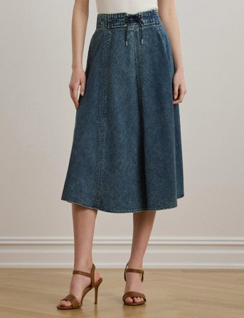 Lauren Ralph Lauren Denim Drawcord Midi Skirt - Blue - 34