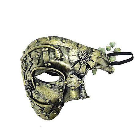 Gyllene steampunk-inspirerad cyborg-mask i metall, del av en venetiansk mask