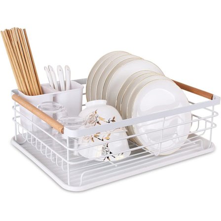 Astianpesuteline irrotettavalla tippa-alustalla, metallista valmistettu keittiön astiankuivausteline, jossa puiset kahvat, astiateline