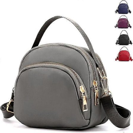 Crossbody Mobil Taske Dame, Nylon Pung Skuldertaske, 3 Lag Lynlås Mobiltelefon Taske med Justerbar Rem (Grå 6)
