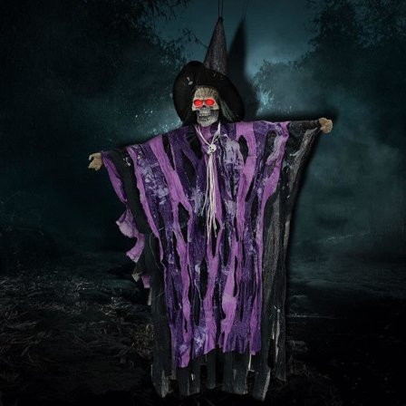 IC Halloween-koriste - riippuva haamu hehkuvilla punaisilla silmillä, äänellä ohjattava (violetti, 1 pakkaus)