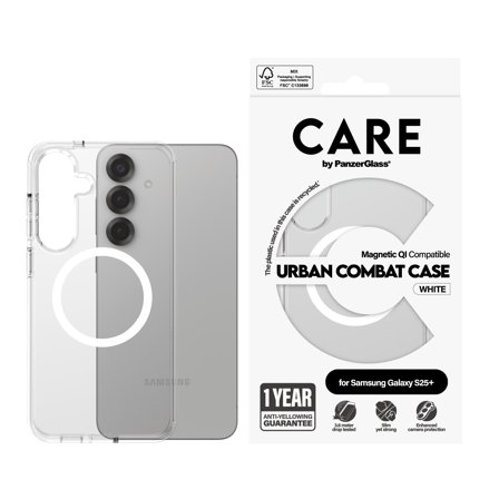 PanzerGlass CARE Galaxy S25+ Urban Combat Qi deksel (hvit) Slank design, glatt grep, Qi-kompatibel, laget av resirkulert materiale