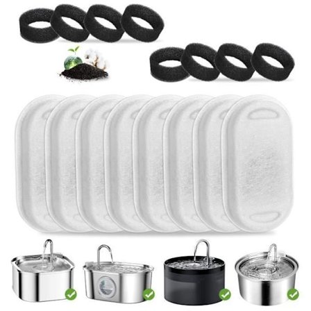 Filtre til Kattevandsfontæne, 8+8 stk. Kulfilter og Skumsvamp til 3,2L Kattefontæner