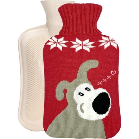 2-liters varmvattenflaska med bedårande hund - Mönstrat stickat överdrag - Återanvändbar för varm/kall terapi och smärtlindring, Sött djur - I