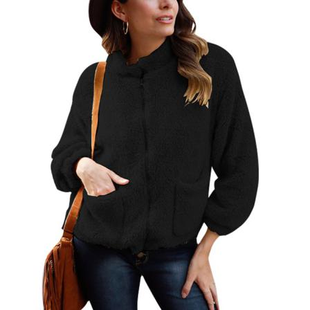 Kvinnor Zip Up Med Fickor Ytterkläder Stativ Krage Fleece Fuzzy Coat