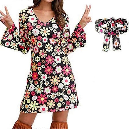 70-talls 80-talls Hippie Disco Party Langermet Kjole + Pannebånd Antrekk Sett-2025-lingling}