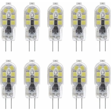10-pakkaus G4 2W LED-lamppu liesituulettimen valoihin, AC/DC 12V, vastaa 20W halogeenilamppuja, 200LM, kaksinapainen kirkkaalla PVC-kuvulla, viileä 