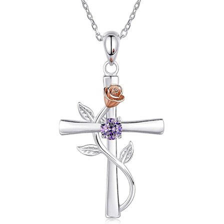 Kvinnors korshalsband 925 Sterling Silver födelsedagsstenhalsband Rose Cross Pendant 5a Cubic Zirconia 12 månader födelsedagspresent till flickvän fru
