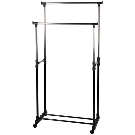 Liikuteltava ruostumattomasta teräksestä valmistettu vaateteline, jossa on säädettävä korkeus