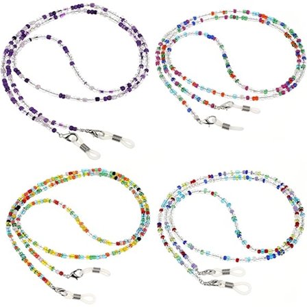 4 stk. perlebesatte brillekjeder, halskjede brilleholder rundt halsen, brillesnor for solbrilletilbehør