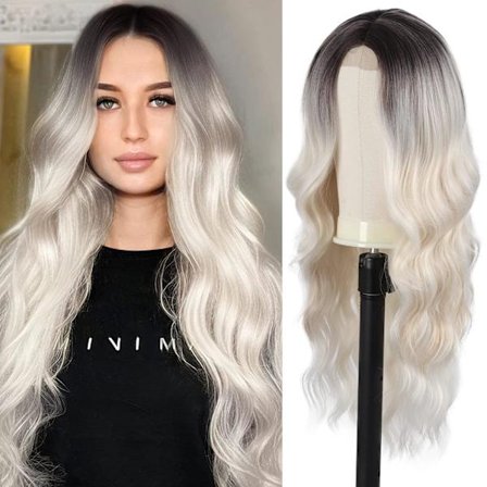 Pitkä aaltoileva synteettinen peruukki naisille platinanvaalea 24 tuumaa Natura