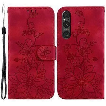 För Sony Xperia 1 V Plånboksfodral med Ställ, Präglat Liljemönster, Stöttåligt PU Läderfodral (Stil F)