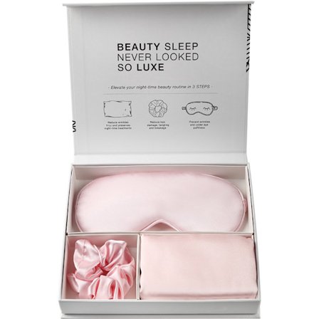 ING Silke putevar, øyemaske og hårstrikk - 100 % ren morbærsilke, usynlig glidelås, myk og slitesterk, gaveeskeemballasje - rosa.