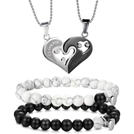 4 stk. matchende armbånd og halskjede for par, hans og hennes løfte hjerteanheng halskjede armbånd for par langdistanseforhold naturlig steinperle