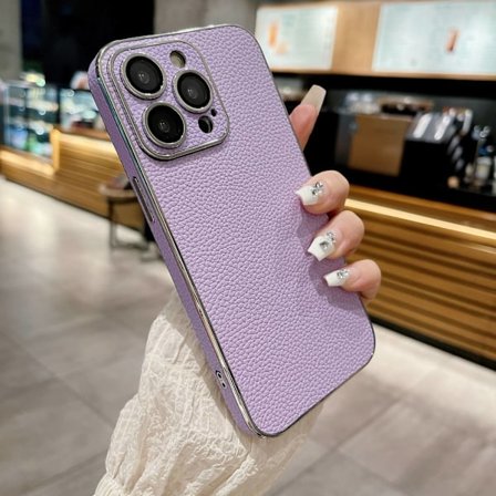 Fodral för iPhone 15 med linsskydd "Litchimönster ljuslila" elektropläterad silverkant Pebbled lädertextur lins silverpläterad Full-Body